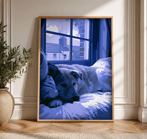 London Wall Art, Sleeping Dog Illustration, Urban Street Scene, Framed Unframed or Digital