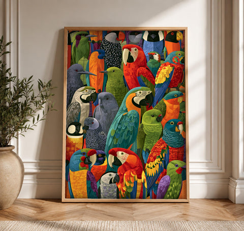 Vibrant Wall Art, Tropical Parrot Poster, Folk Bird Print, Framed Unframed or Digital