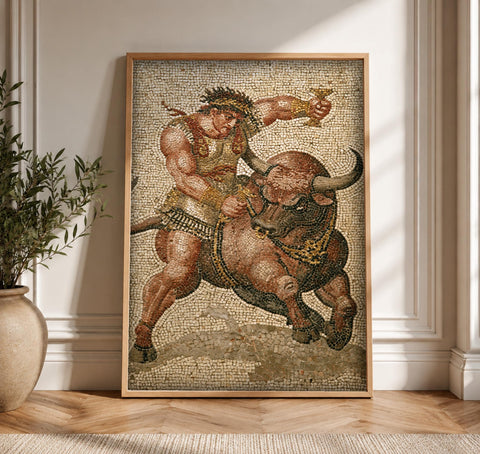 Pompeii Art, Hercules Cretan Bull Mosaic, Man Cave, Framed Unframed or Digital
