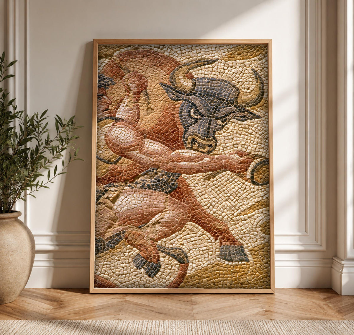Pompeii Art, Roman Mosaic Bull Wrestling, Ancient Framed Unframed or Digital