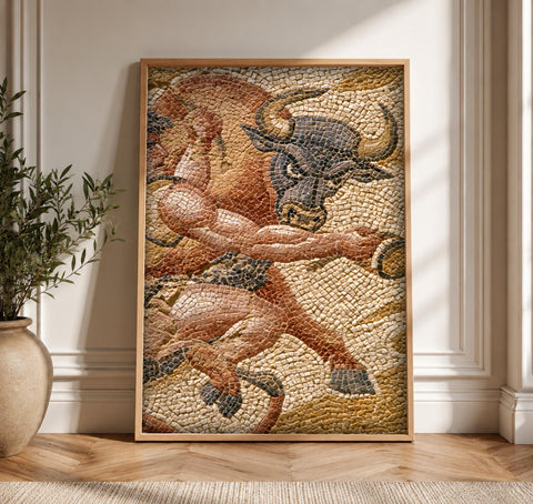 Pompeii Art, Roman Mosaic Bull Wrestling, Ancient Framed Unframed or Digital