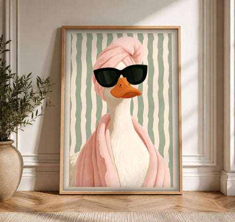 Funny Duck Poster, Spa Robe Sunglasses Glam Bird Print, Framed Unframed or Digital