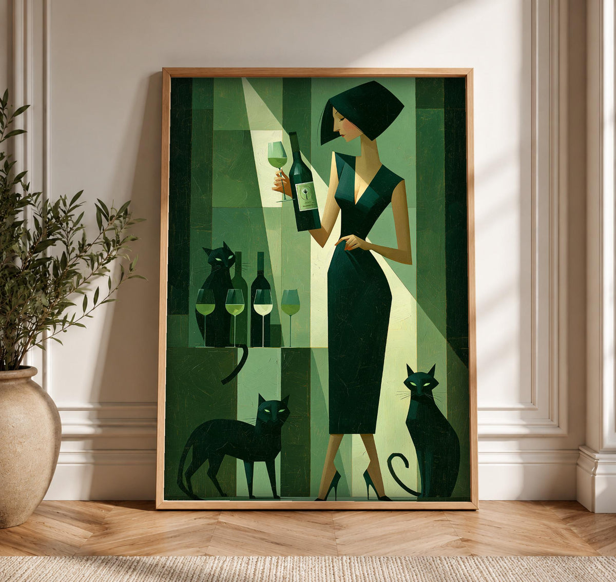 Black Cat Wall Art, Art Deco Lady Wine Print, Framed Unframed or Digital