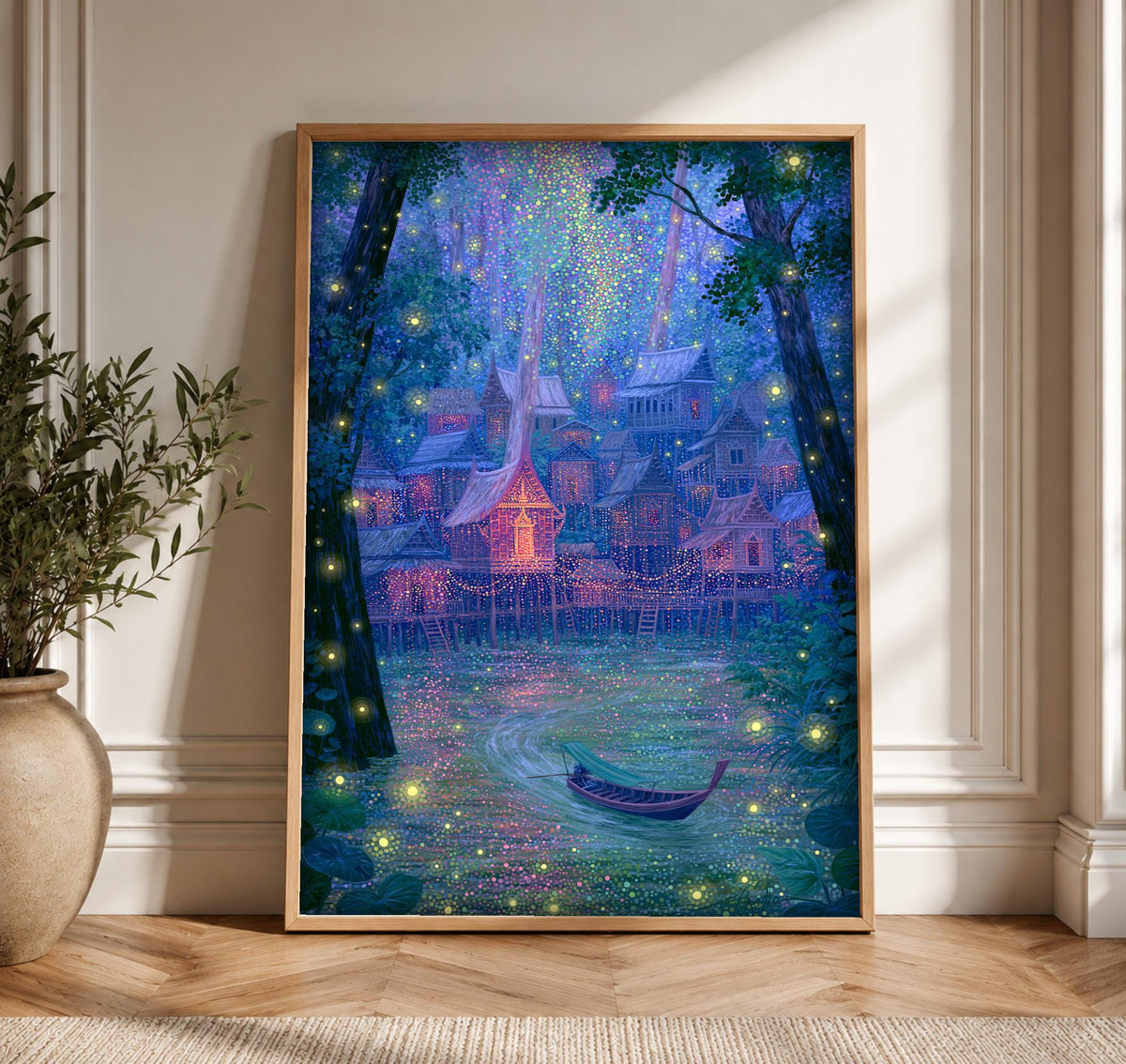Enchanted Forest Art, Ancient Thai Village Firefly River Print, Framed Unframed or Digital