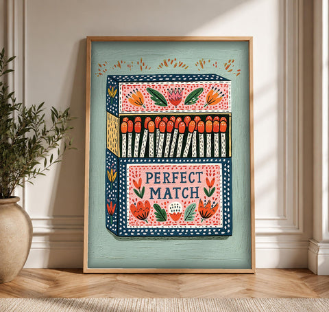 Folk Art Print, Perfect Match Matchbox, Floral Illustration, Framed Unframed or Digital