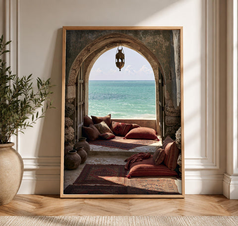Islam Wall Painting, Ottoman Riad Art, Moorish Coastal Palace, Framed Unframed or Digital