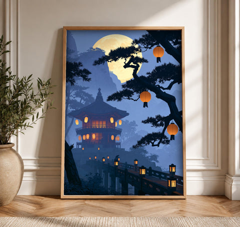 Japanese Pagoda Art, Ancient Temple Night Print, Framed Unframed or Digital