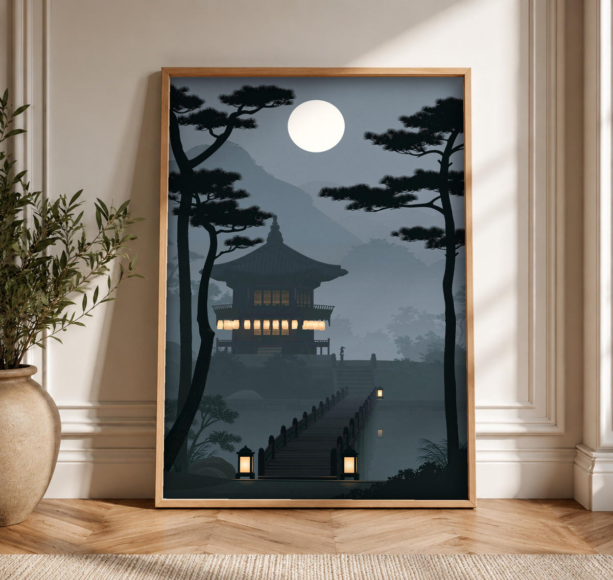 Asian Palace Art, Moonlit Pagoda Print, Japanese Decor, Framed Unframed or Digital