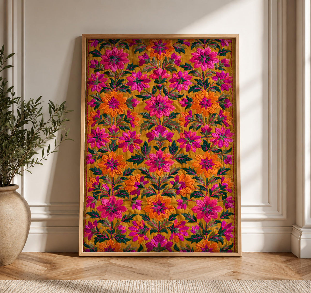 Indian Art, Mughal Empire Floral Embroidery Print, Folk Textile, Framed Unframed or Digital