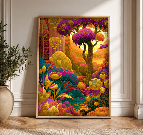 Fantasy Forest Art, Enchanted Garden Print, Vibrant Wall Art, Framed Unframed or Digital