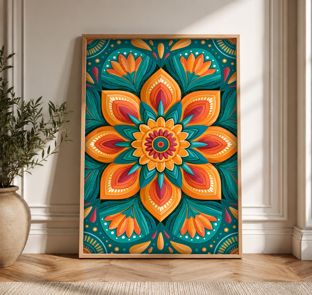 Indian Art, Mughal Floral Medallion Print, Vibrant Wall, Framed Unframed or Digital
