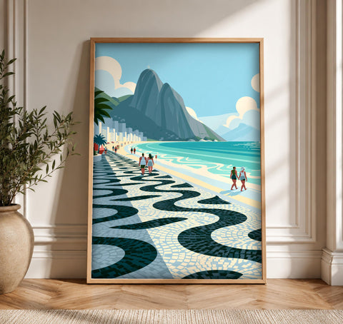 Retro Travel Poster, Copacabana Rio de Janeiro, Coastal Decor, Framed Unframed or Digital