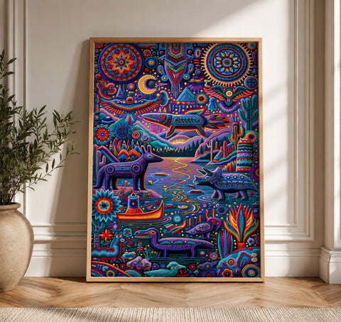Mexican Folk Art, Huichol Sacred Yarn Painting, Cultural Decor, Framed Unframed or Digital