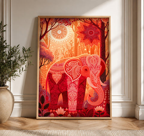 Indian Art, Ceremonial Elephant Mehndi Mandala, Folk Print, Framed Unframed or Digital