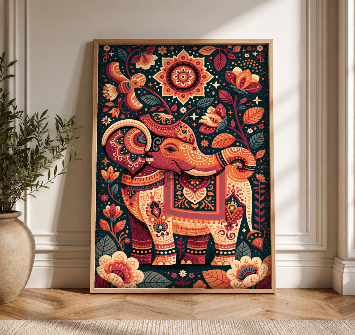 Indian Art, Mughal Ceremonial Elephant Print, Folk Decor, Framed Unframed or Digital