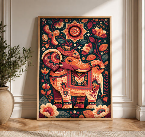 Indian Art, Mughal Ceremonial Elephant Print, Folk Decor, Framed Unframed or Digital