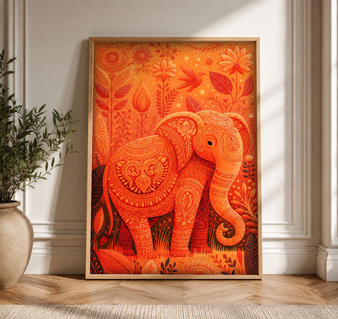 Indian Art Print, Mughal Elephant Decor, Folk Pattern Poster, Framed Unframed or Digital
