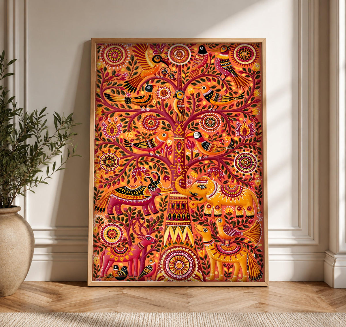 Indian Folk Art, Tree of Life Elephant, Cultural Decor, Framed Unframed or Digital