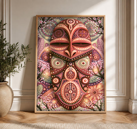 Mexican Folk Art, Aztec Ceremonial Mask Print, Cultural Decor, Framed Unframed or Digital