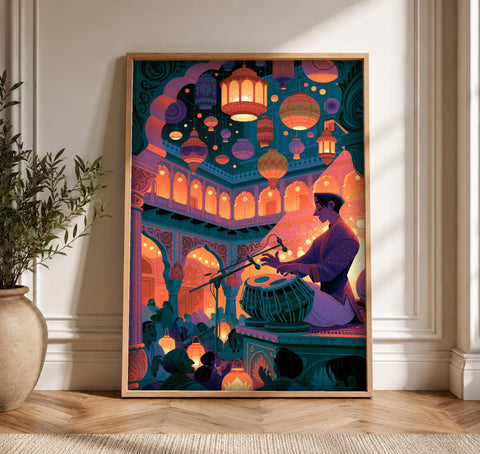 Indian Classical Music, Mughal Court Tabla Print, Vibrant Wall Art, Framed Unframed or Digital