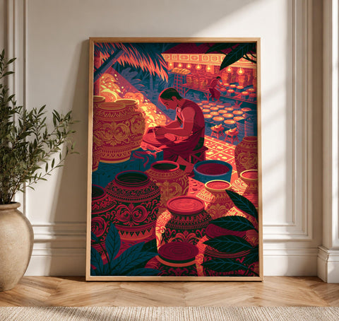 Southeast Asian Art, Ancient Pottery Craft Print, Cultural Decor, Framed Unframed or Digital