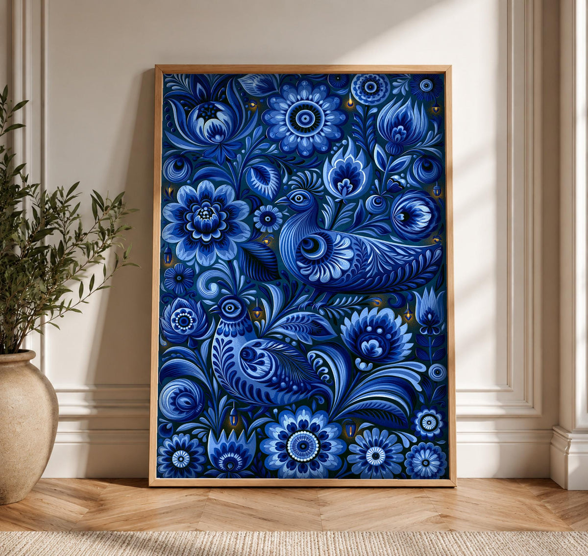 Mexican Folk Art Print, Cobalt Blue Bird Botanical Decor, Framed Unframed or Digital