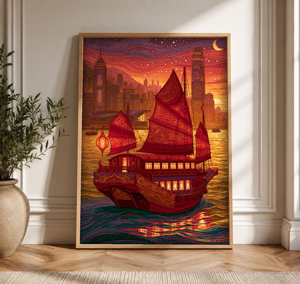 Chinese Junk Ship Art, Hong Kong Harbour Print, Framed Unframed or Digital