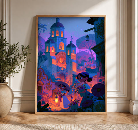 Mexican Folk Art, Colonial Church Night Scene, Catholic Gift, Framed Unframed or Digital