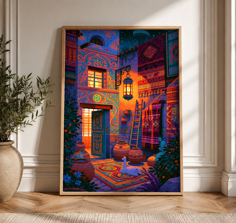 Islam Wall Painting, Moorish Courtyard Ottoman Arabesque Art, Framed Unframed or Digital