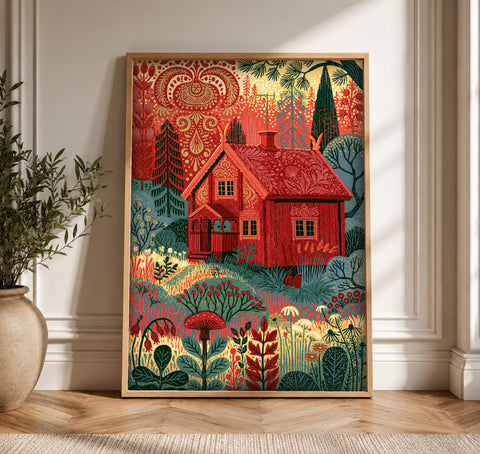 Forest Wall Art, Nordic Folk Cottage Print, Enchanted Woodland, Framed Unframed or Digital