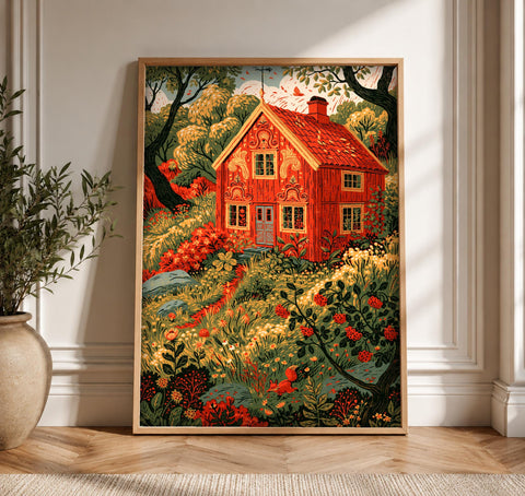 Folk Art, Scandinavian Cottage Print, Woodland Wall Decor, Framed Unframed or Digital