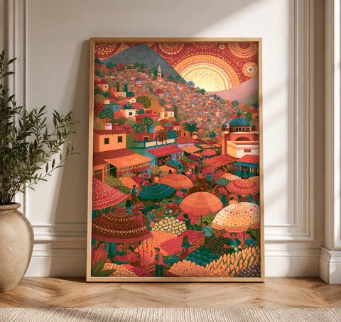 Mexican Folk Art, Mesoamerican Market Scene Print, Vibrant Cultural Decor, Framed Unframed or Digital