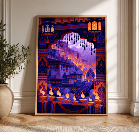 Indian Art, Mughal Palace Diwali Lanterns, Cultural Decor, Framed Unframed or Digital