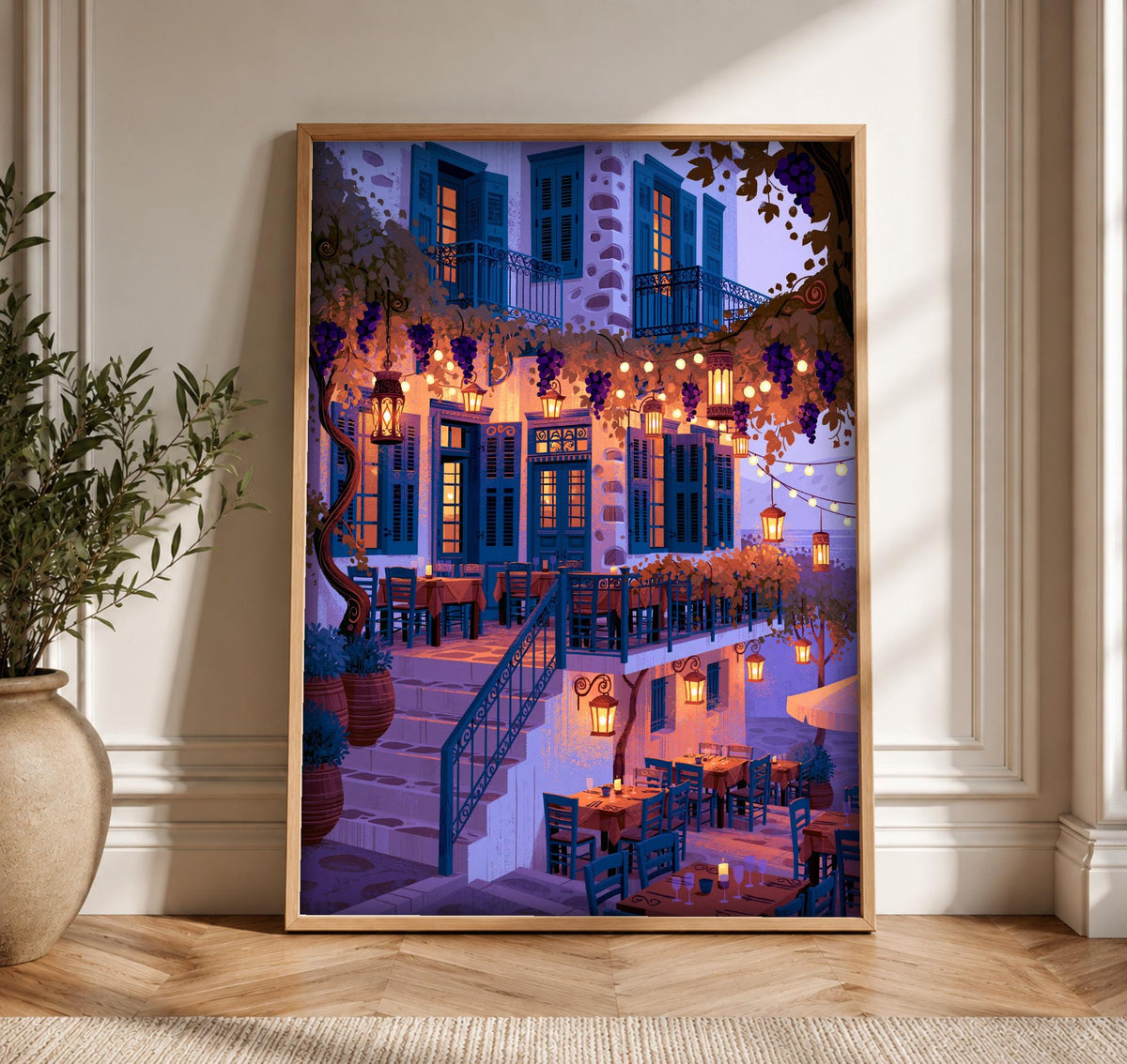 Ancient Greek Art, Aegean Taverna Evening Scene, Travel Print, Framed Unframed or Digital