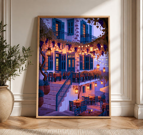 Ancient Greek Art, Aegean Taverna Evening Scene, Travel Print, Framed Unframed or Digital