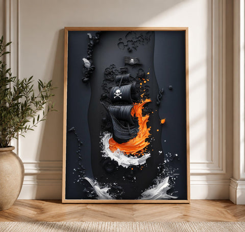 Pirate Ship Wall Art, Jolly Roger Galleon Print, Nautical Wall Decor, Framed Unframed or Digital