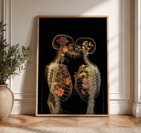 Dark Academia Art, Floral Skeleton Lovers, Memento Mori Poster, Framed Unframed or Digital