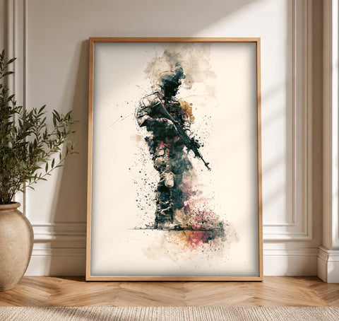 Warrior Poster, Combat Soldier Watercolor Art, Man Cave Decor, Framed Unframed or Digital