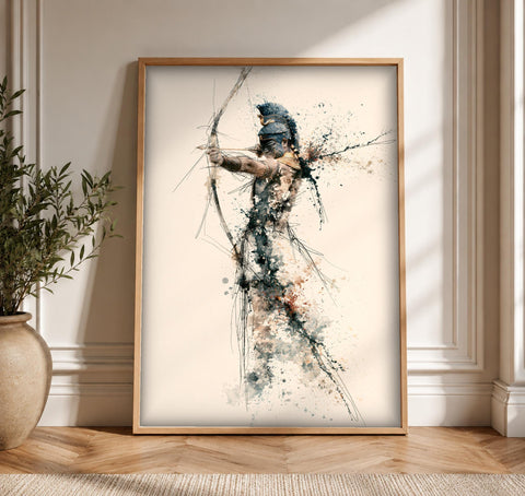 Ancient Greek Art, Spartan Archer Poster, Watercolor Warrior, Framed Unframed or Digital