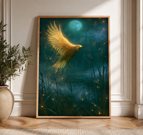 Enchanted Forest Art, Mystical Golden Bird, Moon Night Fantasy, Framed Unframed or Digital