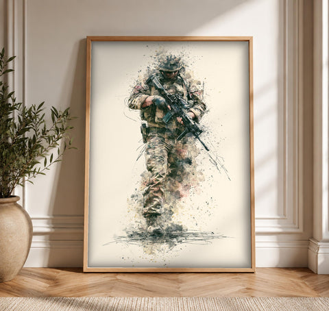 Warrior Poster, Soldier Watercolor Art, Military Decor, Framed Unframed or Digital