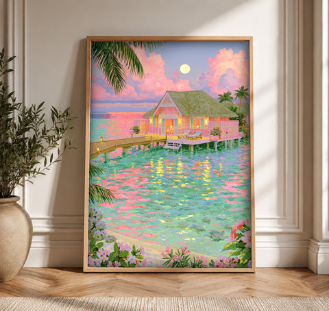 Retro Travel Poster, Tropical Paradise Bungalow, Coastal Wall Decor, Framed Unframed or Digital