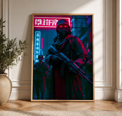 Hypebeast Decor, Cyberpunk Warrior Poster, Dark Fantasy Urban Soldier, Framed Unframed or Digital