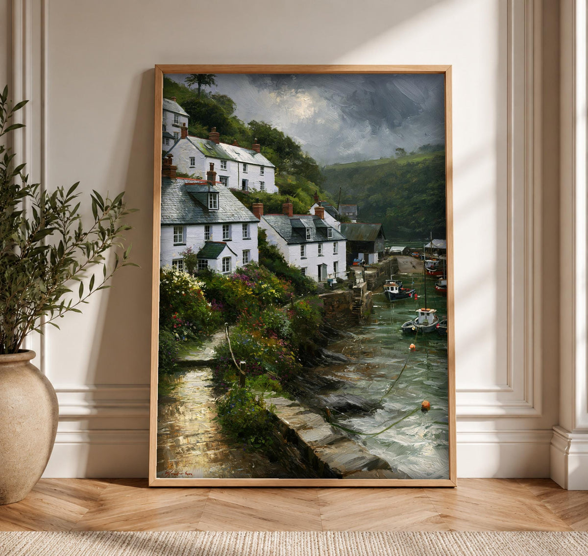 Coastal Wall Decor, Cornish Harbour Village Print, Oil Painting, Framed Unframed or Digital