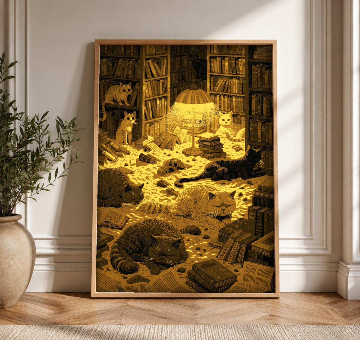 Black Cat Wall Art, Enchanted Library Print, Gothic Home Decor, Framed Unframed or Digital