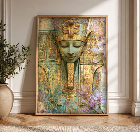 Ancient Egypt Art, Pharaoh Queen Bust Print, Golden Hieroglyphic Decor, Framed Unframed or Digital