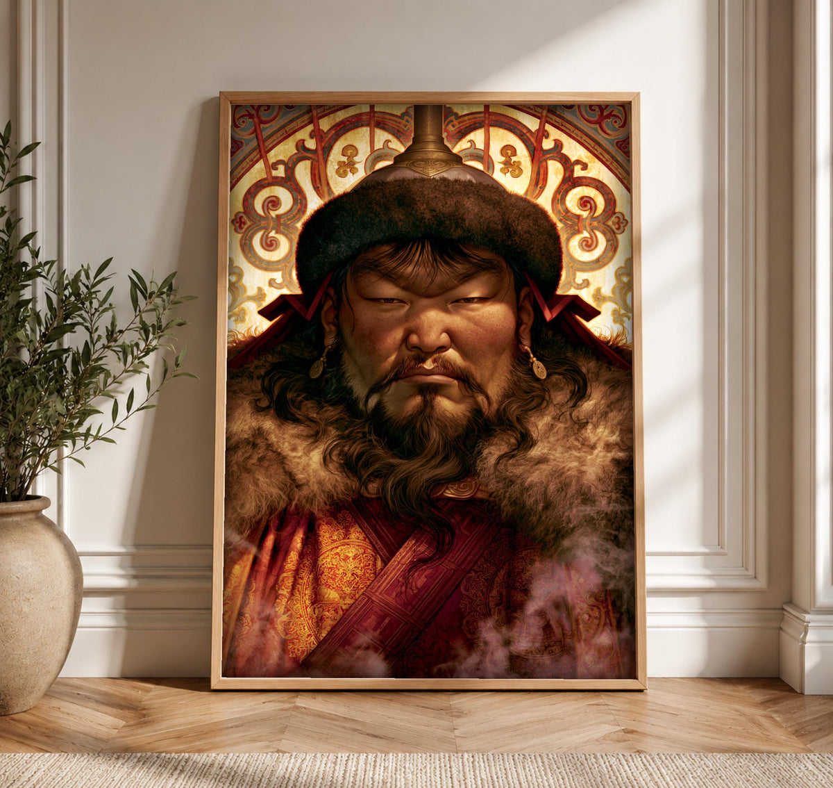 Genghis Khan Art, Mongol Empire Portrait, Medieval Warrior Decor, Framed Unframed or Digital