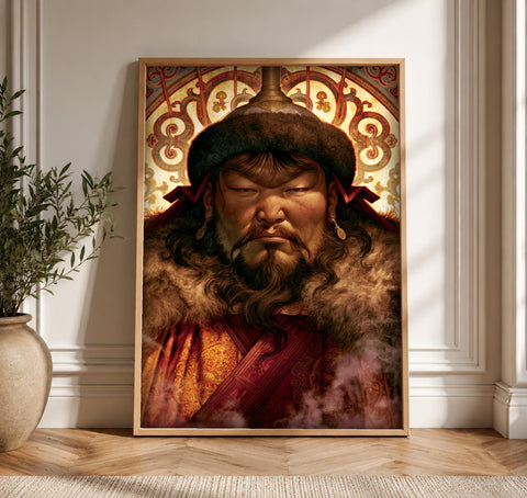 Genghis Khan Art, Mongol Empire Portrait, Medieval Warrior Decor, Framed Unframed or Digital