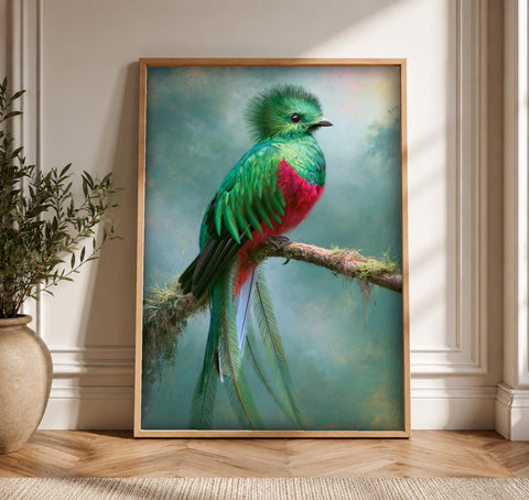 Mexican Folk Art, Aztec Quetzal Sacred Bird, Cultural Decor, Framed Unframed or Digital