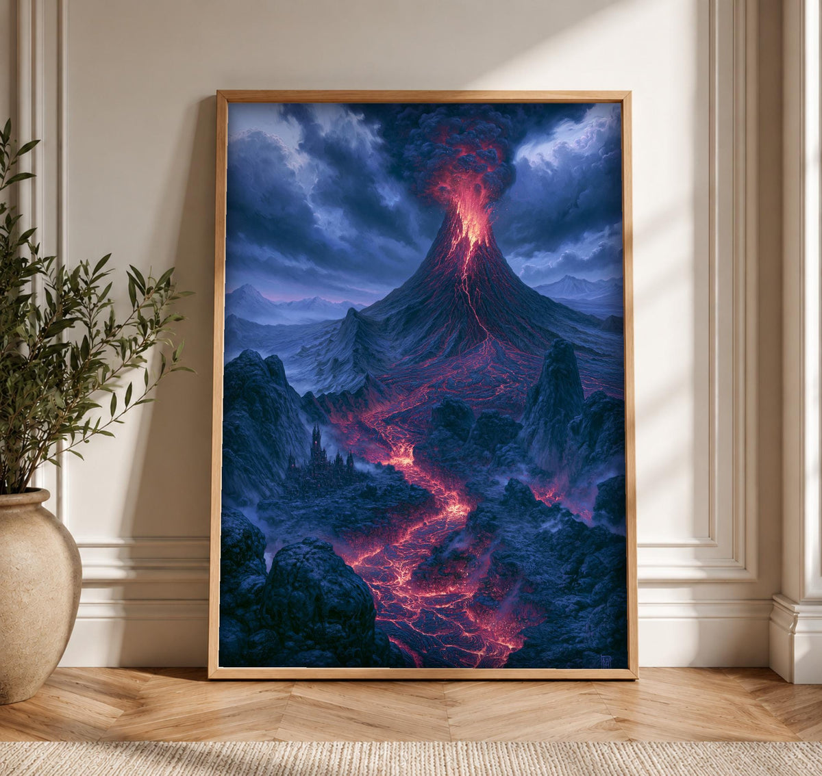 Volcano Wall Art, Ancient Eruption Lava Flow Print, Dark Fantasy, Framed Unframed or Digital